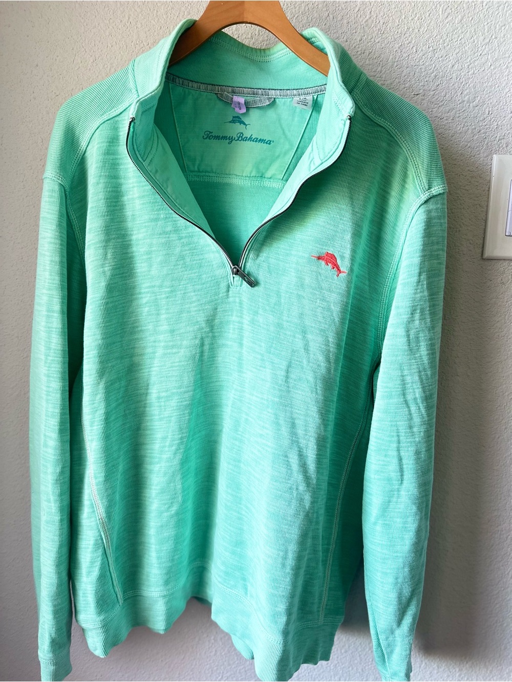 Tommy Bahama Seafoam Green Half-Zip Pullover with Coral Logo